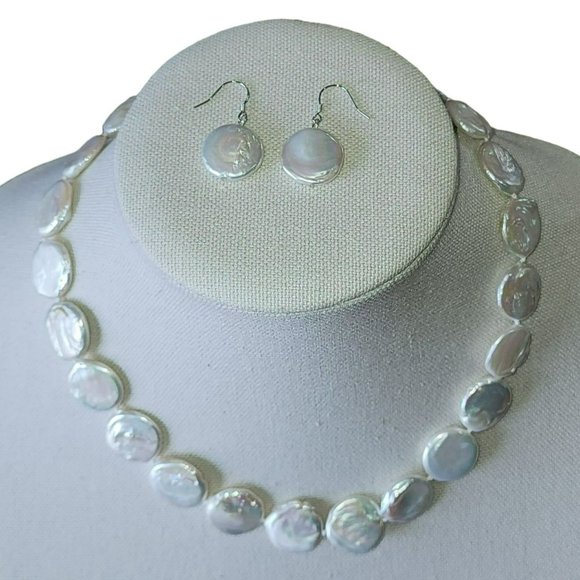 White‎ Coin Cultured Freshwater Pearl Necklace And Earring Set 925S Clasp - Picture 16 of 16